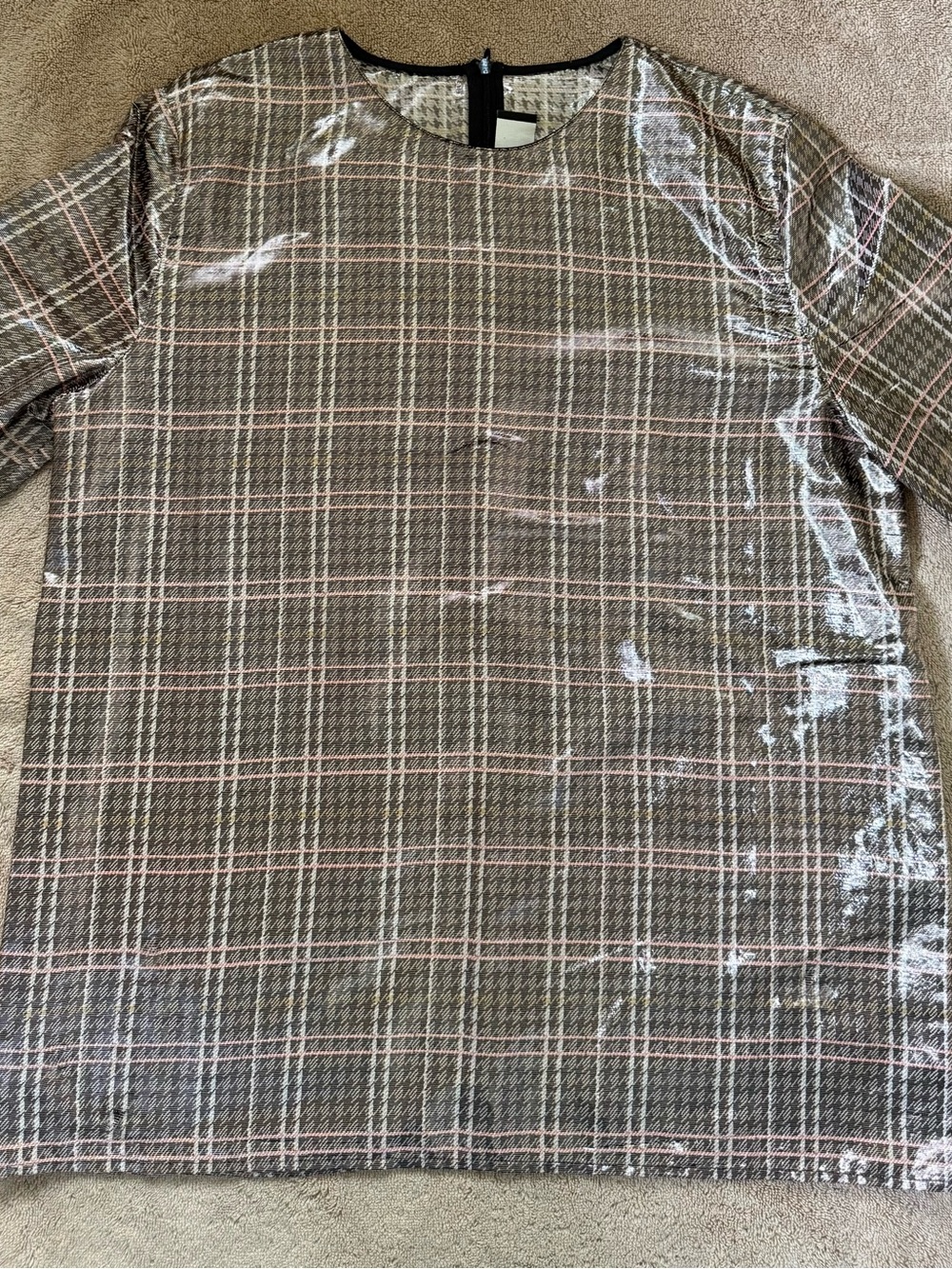 Marni Metallic Plaid Silk Blend Top 44 | Silver Short Sleeve Statement Blouse